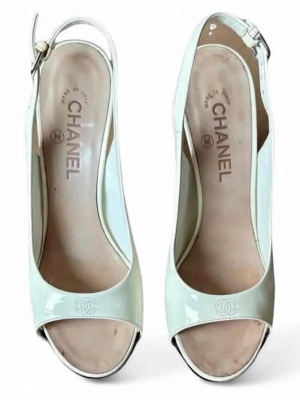 CHANEL Mint Patent Leather Peep-Toe Slingback Mules